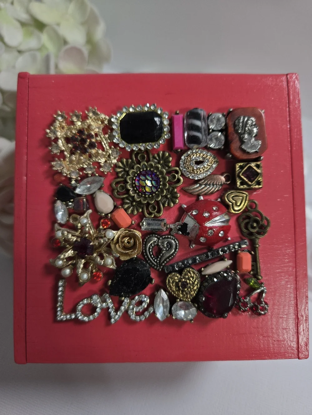 Salvaged Treasure Upcycled Jewelry Art Wooden Keepsake Trinket Box - LOVE Theme